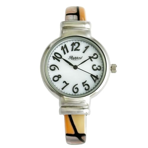 [ラポール] 腕時計 レディース バングルウォッチ 見やすい文字盤 細いバングル ベージュ オレンジ柄 165034